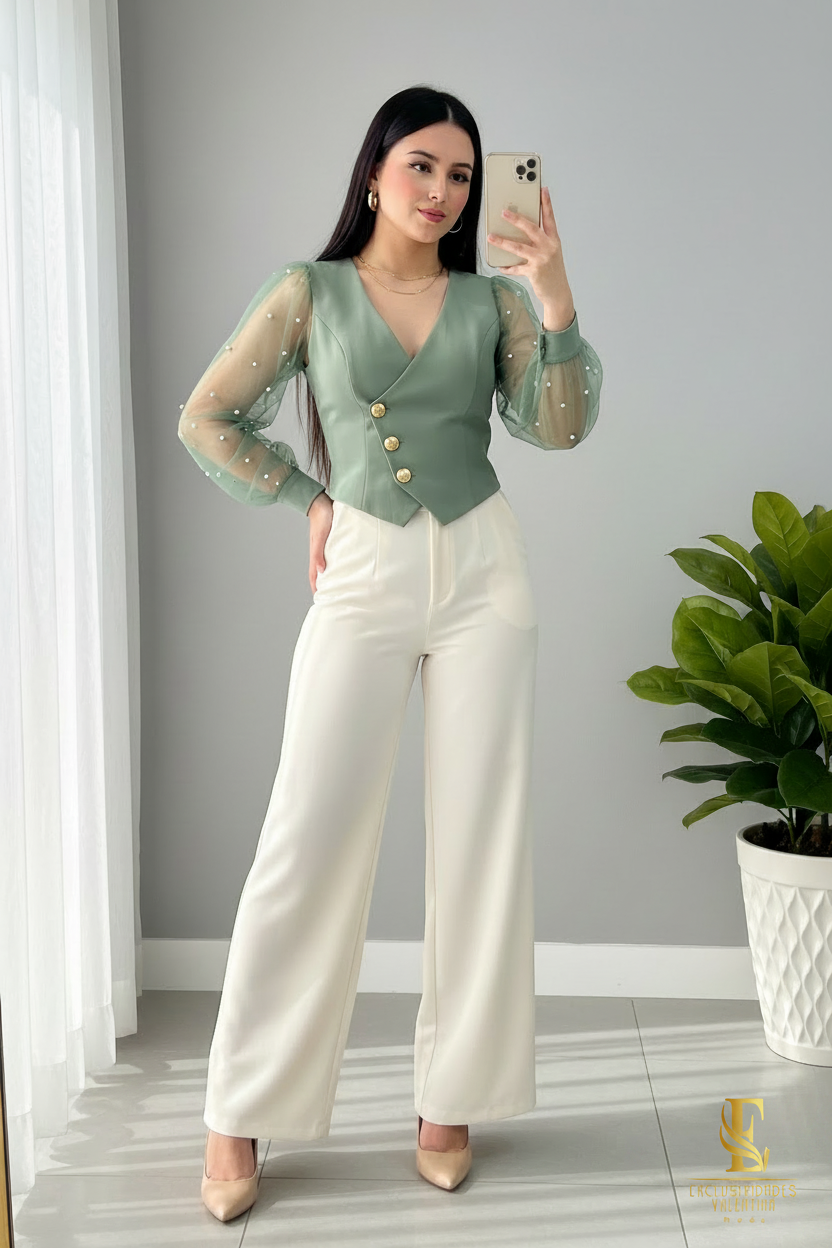 Conjunto Top Verde Sage con Perlas y Pantalón Blanco cod.0063