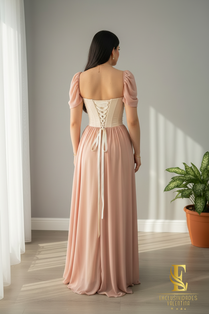 Vestido Nude Corsé con Falda Rosa Palo y Mangas Puff cod.V664