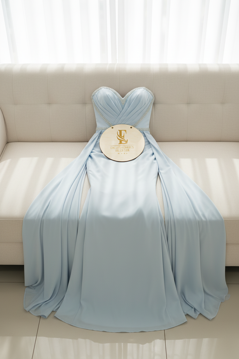 Vestido Azul Cielo Strapless con Cristales y Falda Doble cod.0064