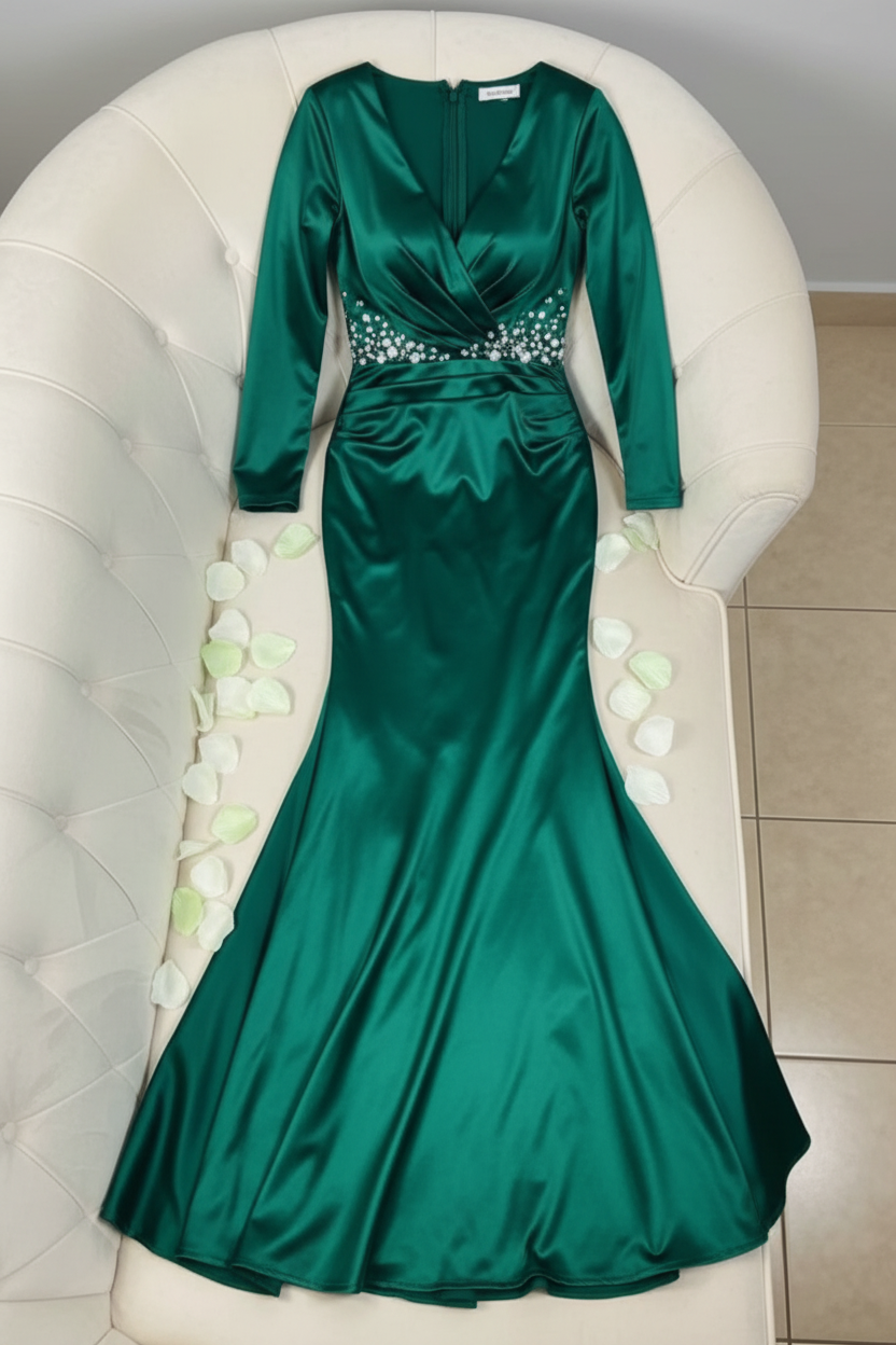 Vestido Verde Esmeralda Satén Escote V Mangas Largas Cristales cod.V0026