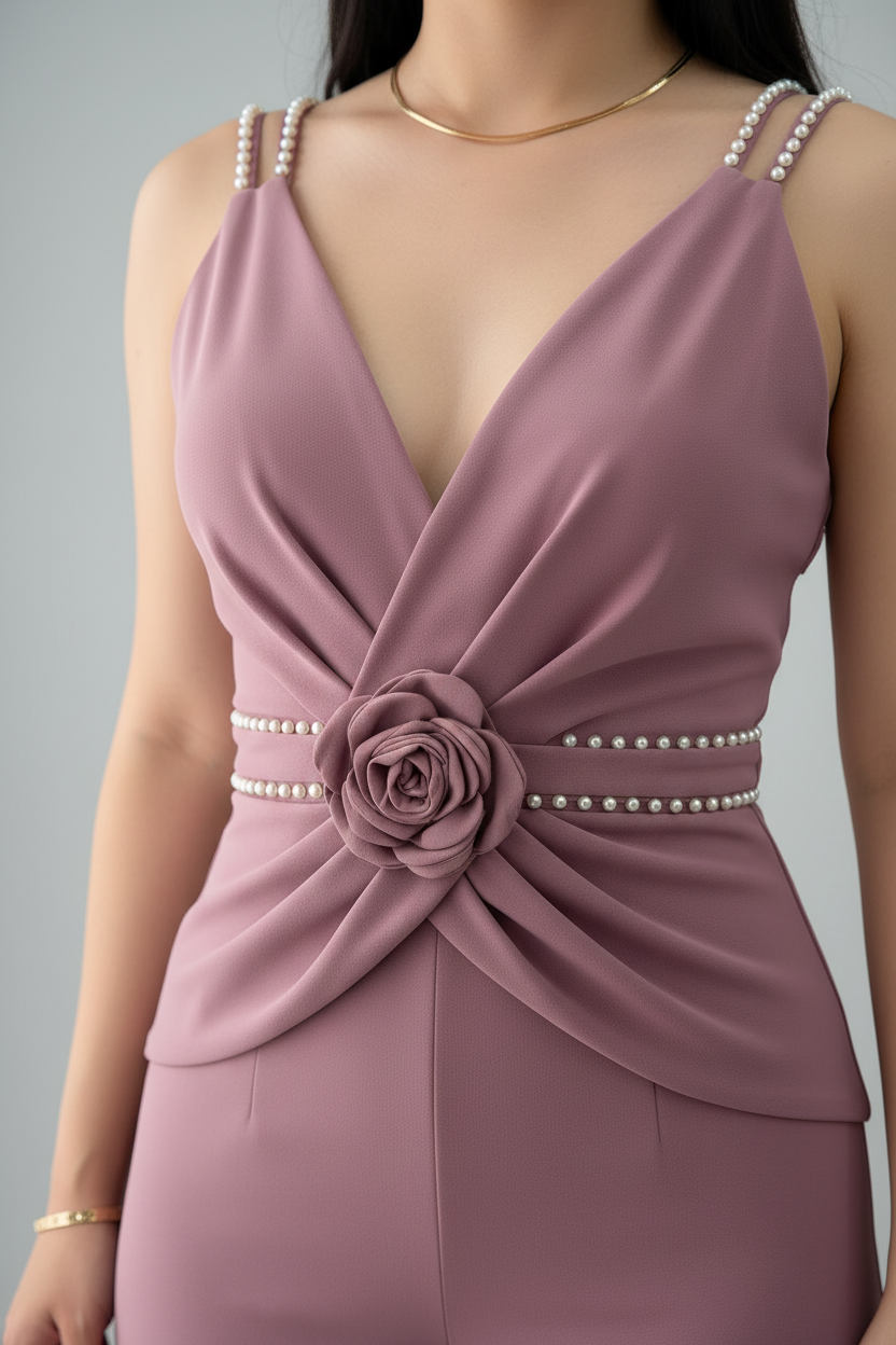 Enterizo Rosa Palo — Escote V con Tirantes de Perlas y Rosa D cod.E625
