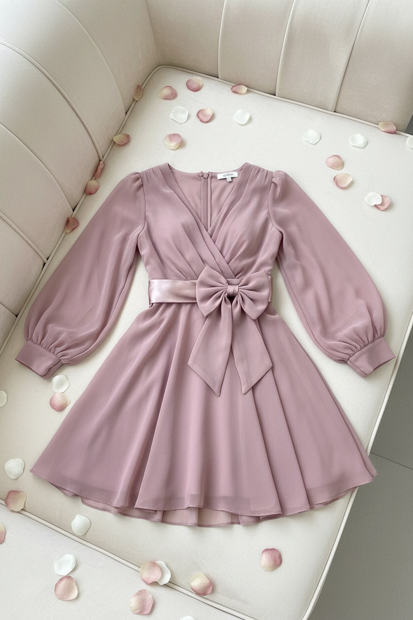 Vestido Rosa Palo Corto Manga Globo Chiffon Lazo Satinado cod.V0038