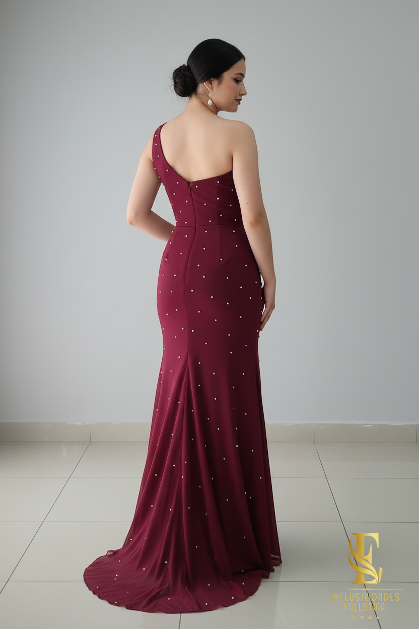 Vestido Vino Sirena Un Hombro Perlas Abertura V331