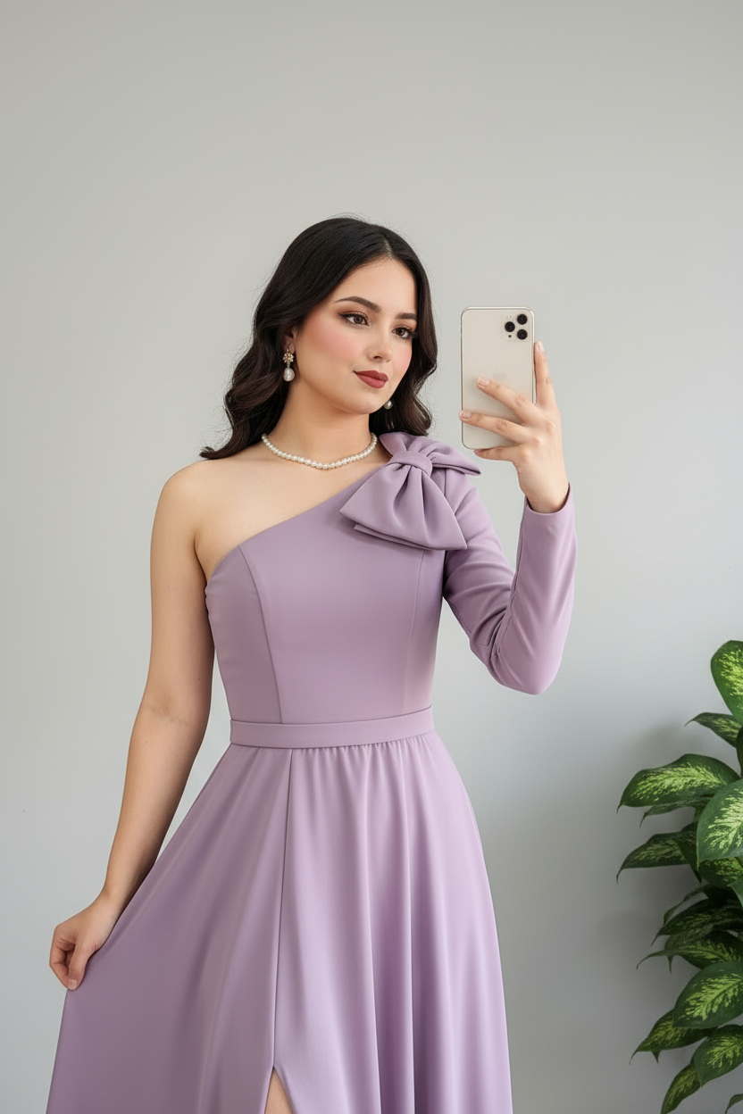 Vestido Lila Un Hombro con Lazo cod.600