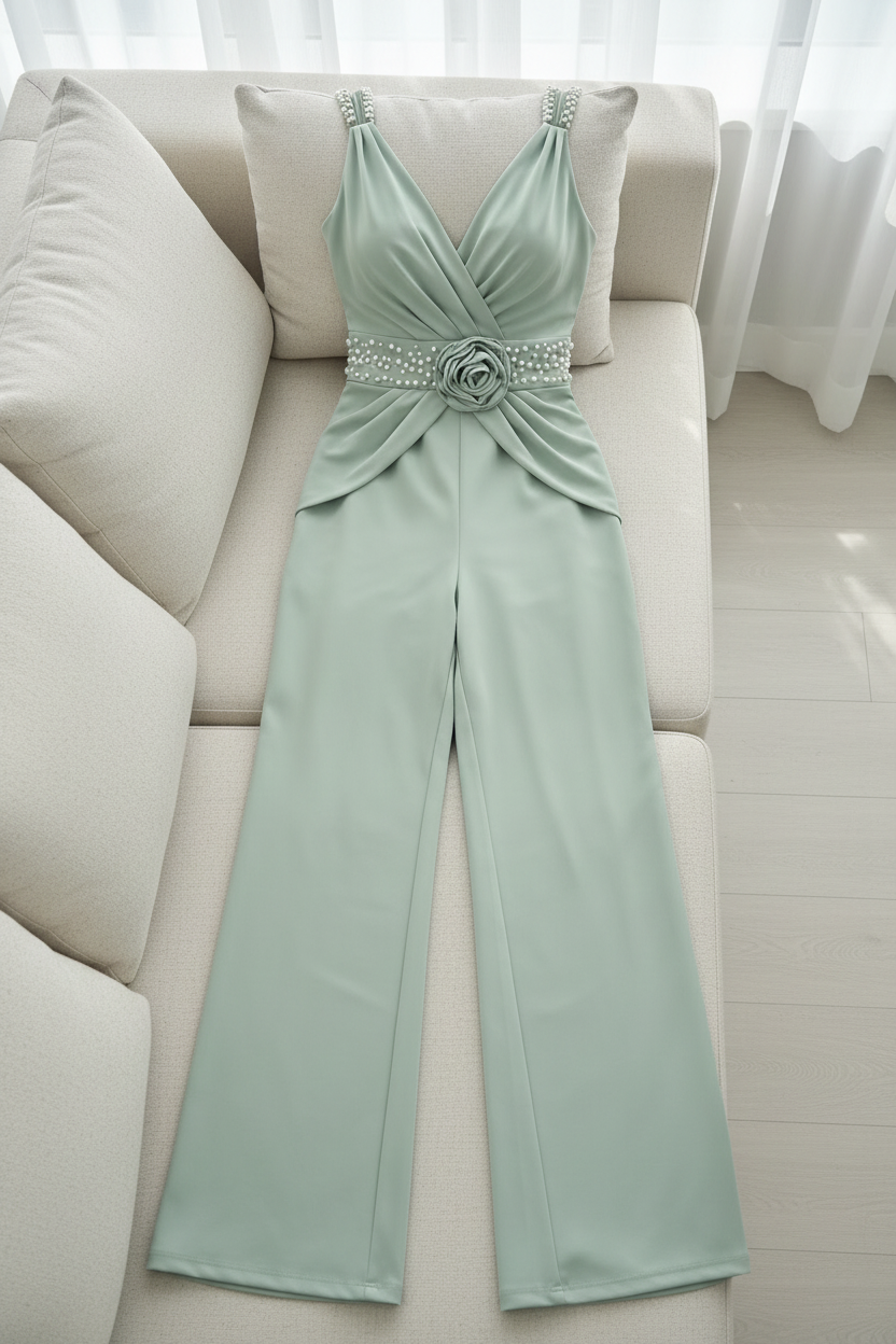 Enterizo Verde Menta — Escote V con Tirantes de Perlas y Rosa D cod.E626