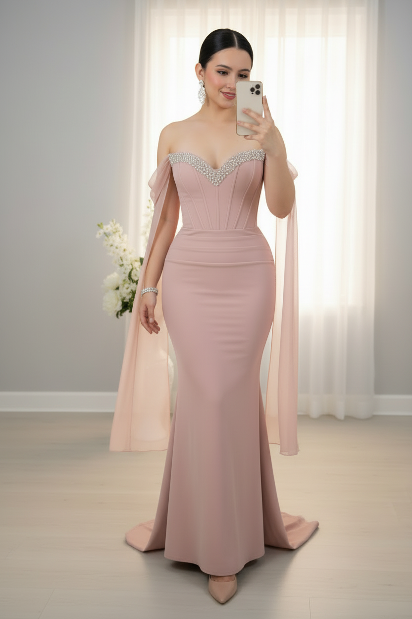 Vestido Largo Rosa Palo Off-Shoulder Corset con Cristales en V y Capa de Chifón cod.V9639