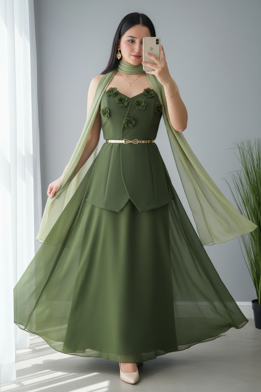 Conjunto Verde Olivo con Capa y Flores D cod.635