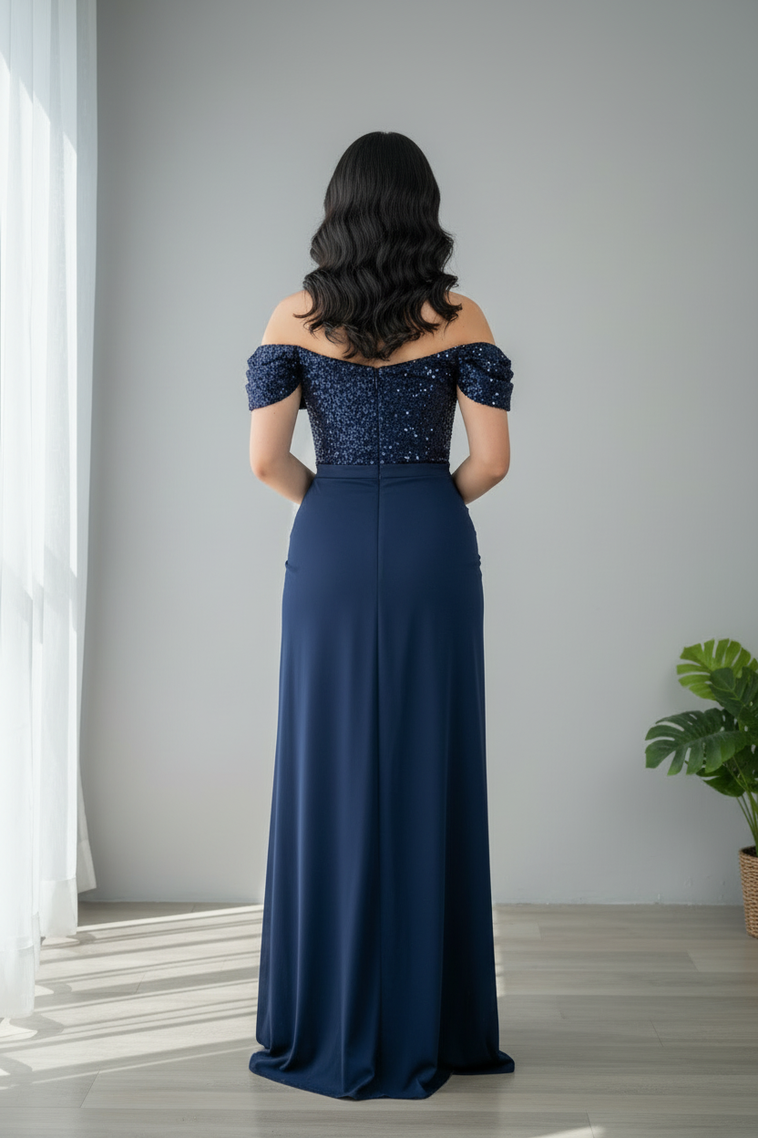 Vestido Azul Marino Off-Shoulder Lentejuelas con Falda Drapeada y Abertura cod.736
