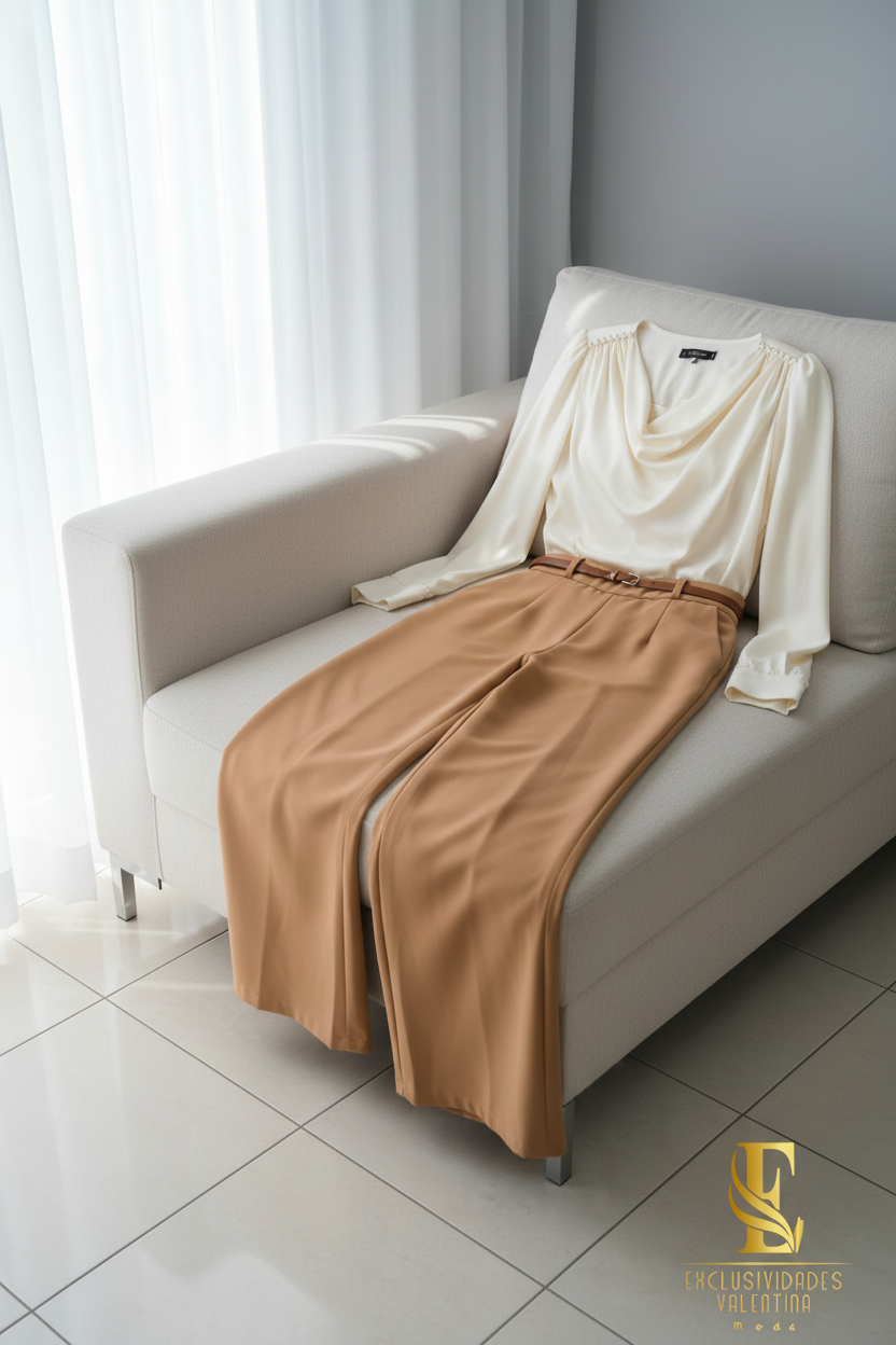 Conjunto Crema Camel | Blusa Cowl Neck Manga Larga y Palazzo cod.C448