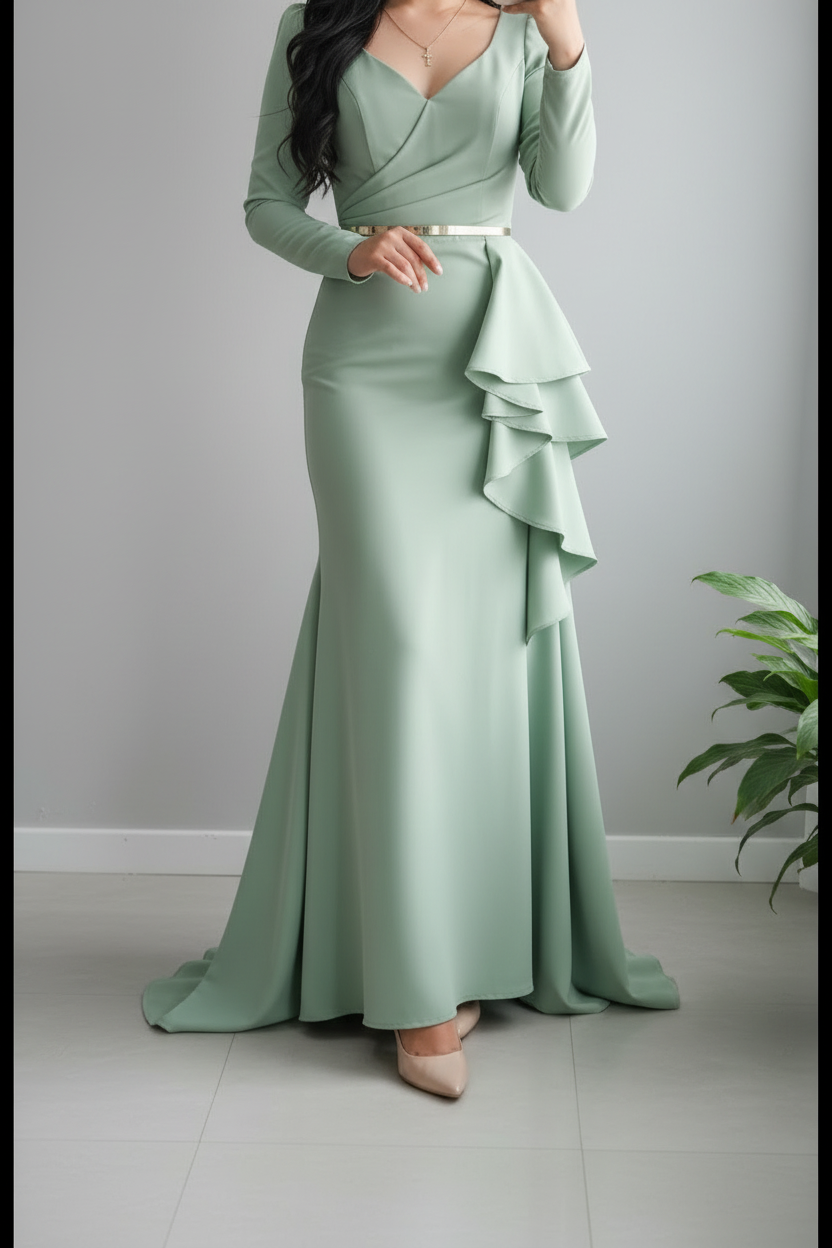 Vestido Sage Green Ruffle – Gown Verde Menta Manga Larga Escote V con Volantes en Cascada & Cinturón Plateado cod.693