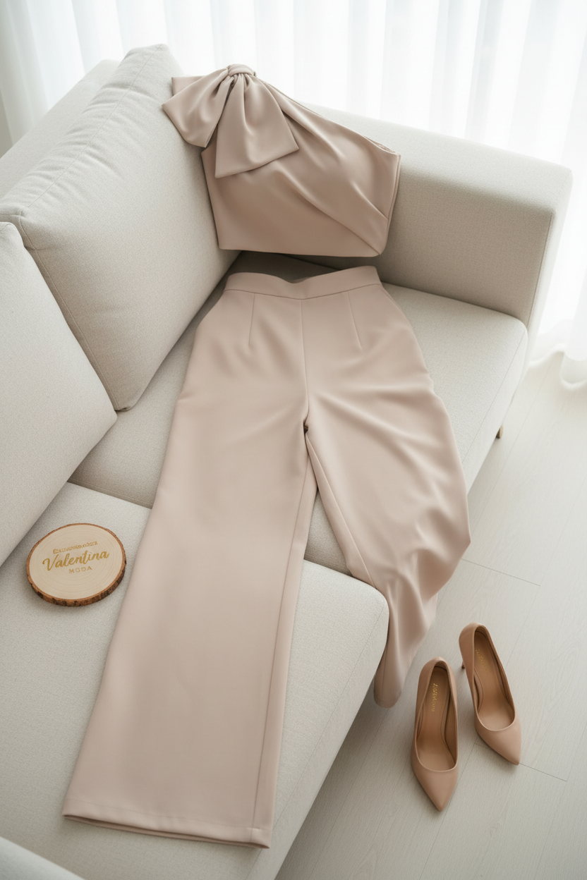 Conjunto Nude Bow – Top Un Hombro Drapeado con Lazo + Pantalón Palazzo Beige cod.699