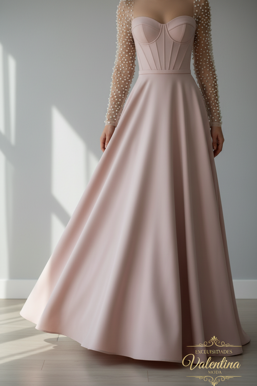 Vestido Rosado Corset con Mangas de Perlas