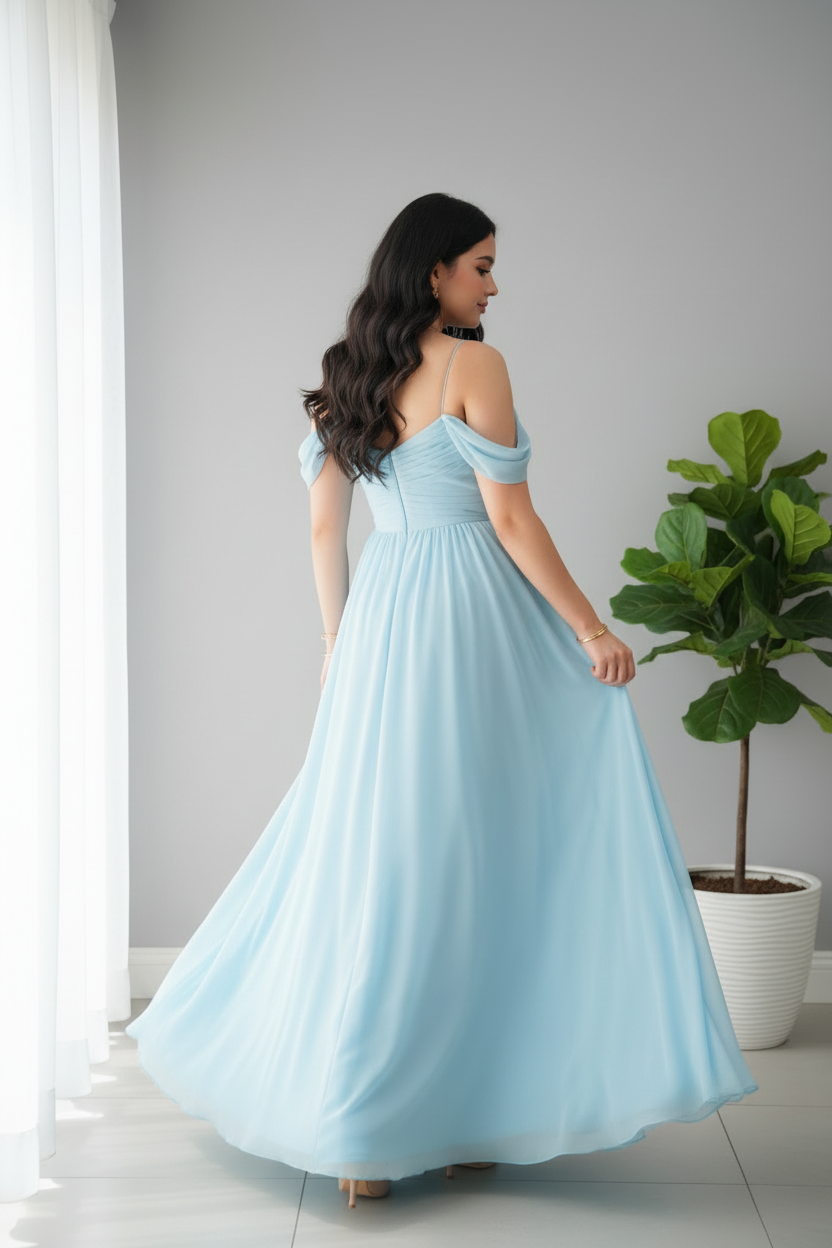 Vestido Azul Cielo Off-Shoulder Maxi Gasa cod.949