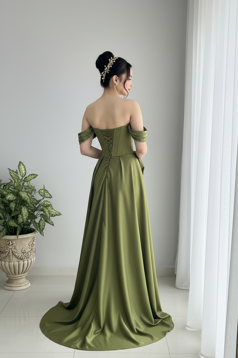Vestido Verde Oliva Off-Shoulder Corsé Rosa Abertura cod.0021