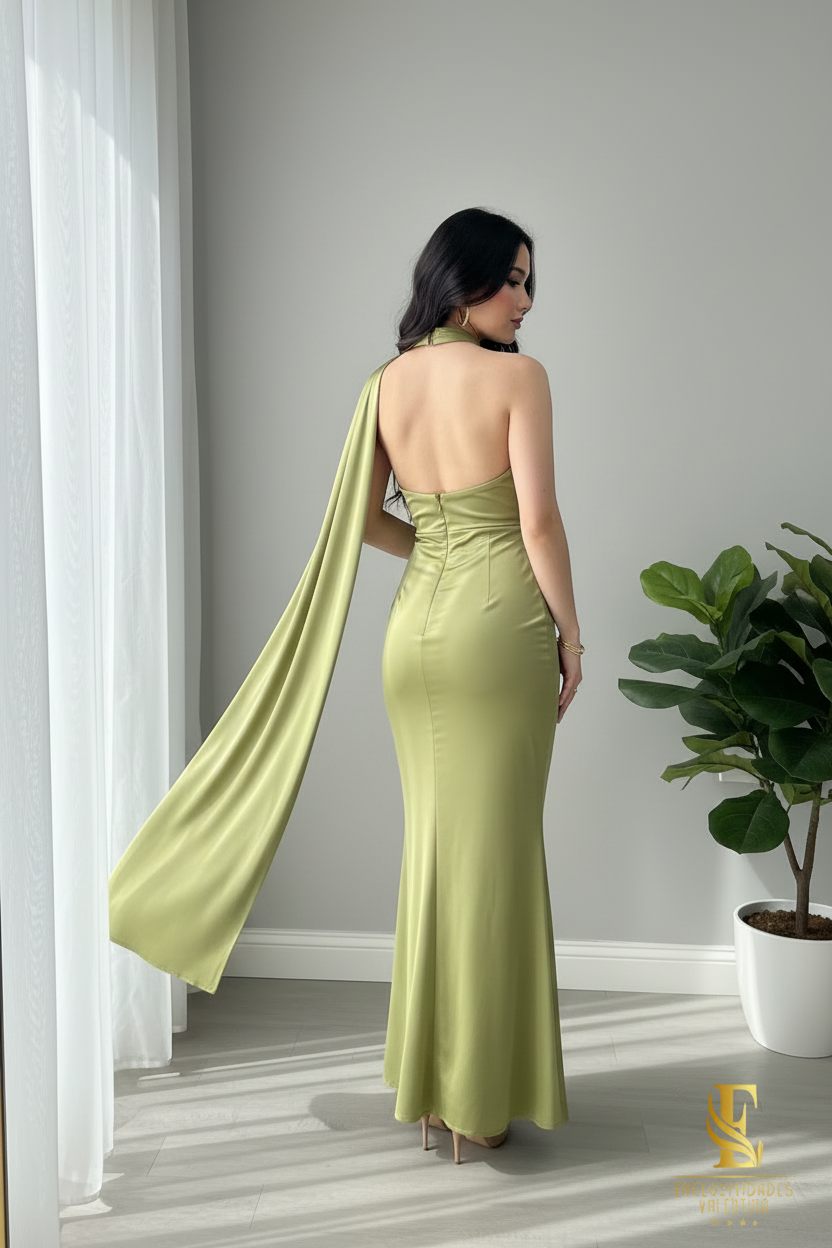 Vestido Verde Oliva Satinado — Halter Cut-Out con Capa Lateral cod.0050
