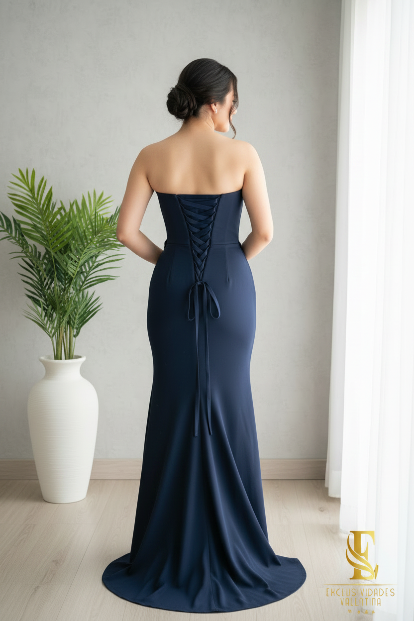 Vestido Navy Strapless Perle Rose Sirena cod.V230