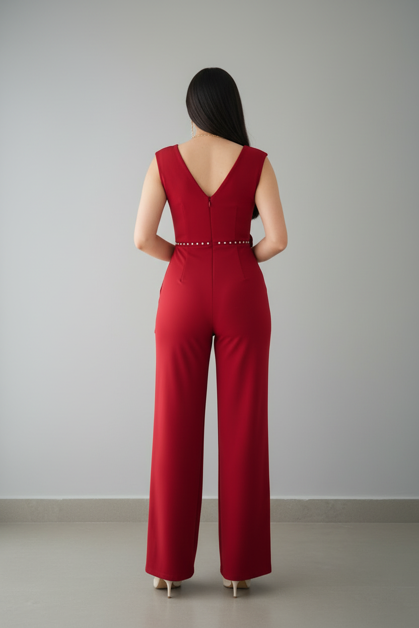 Enterizo Rojo — Escote V con Lazo y Rosa D cod.E623