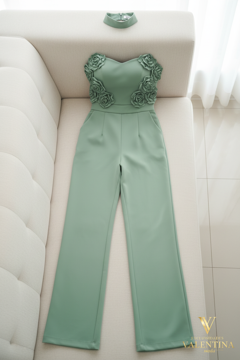 Enterizo Verde Sage Strapless con Rosas 3D y Pantalón Recto cod.E535