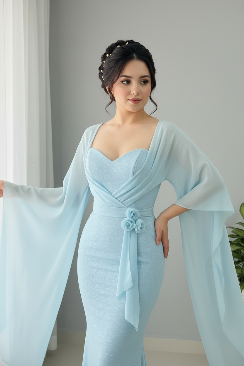 Vestido Azul Cielo Corsé Mangas Gasa cod.0010