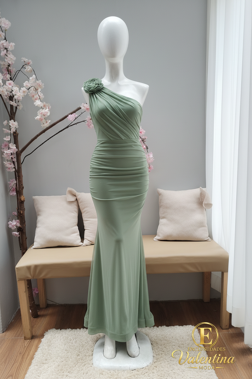 Vestido Sirena Un Hombro Verde Salvia Rosa D cod.V398