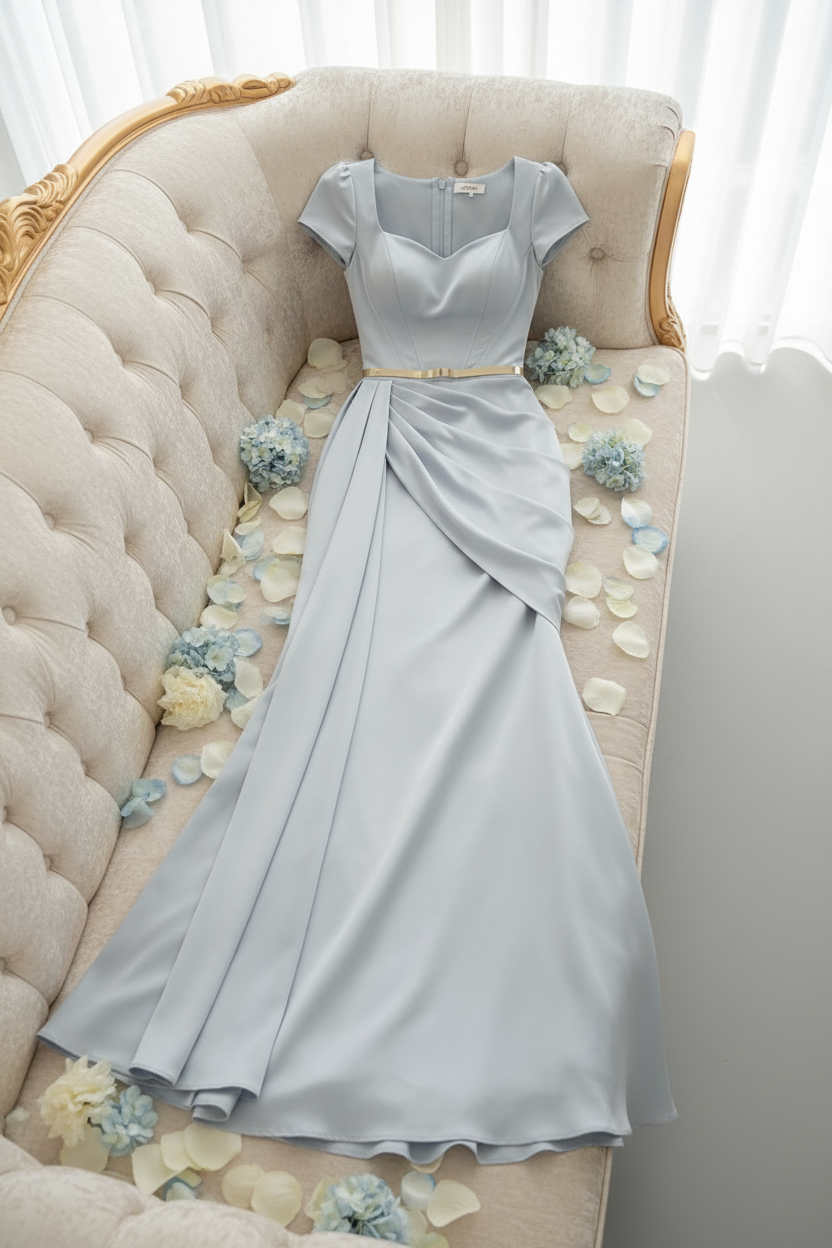 Vestido Azul Hielo Satén Manga Corta Cuello Cuadrado Cinturón Dorado Drapeado cod.V0038