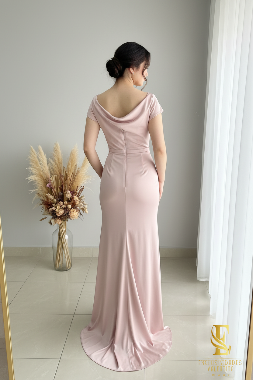 Vestido Sirena Rosa Palo | Cowl Neck y Abertura cod.V438