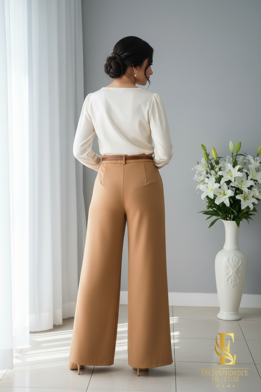 Conjunto Crema Camel | Blusa Cowl Neck Manga Larga y Palazzo cod.C448