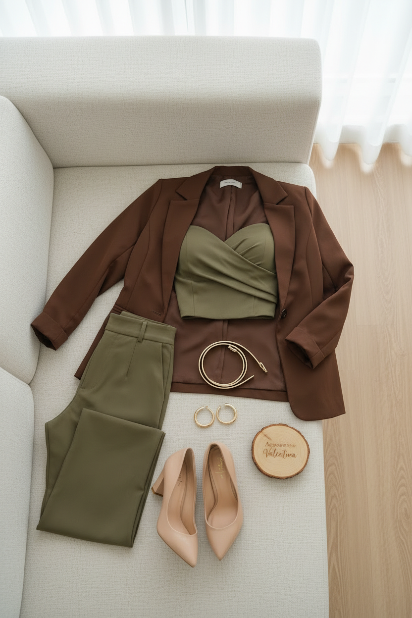 Conjunto Verde Olivo con Blazer Café  3 piezas cod.756