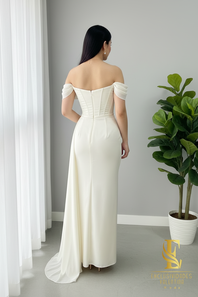Vestido Blanco Off-Shoulder con Capa Drapeada cod.V670