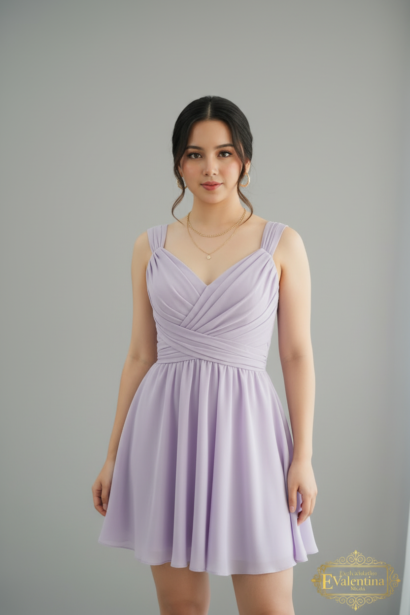 Vestido Lila Lavanda Tirantes Escote V Cruzado Falda A-line Chifón cod.933