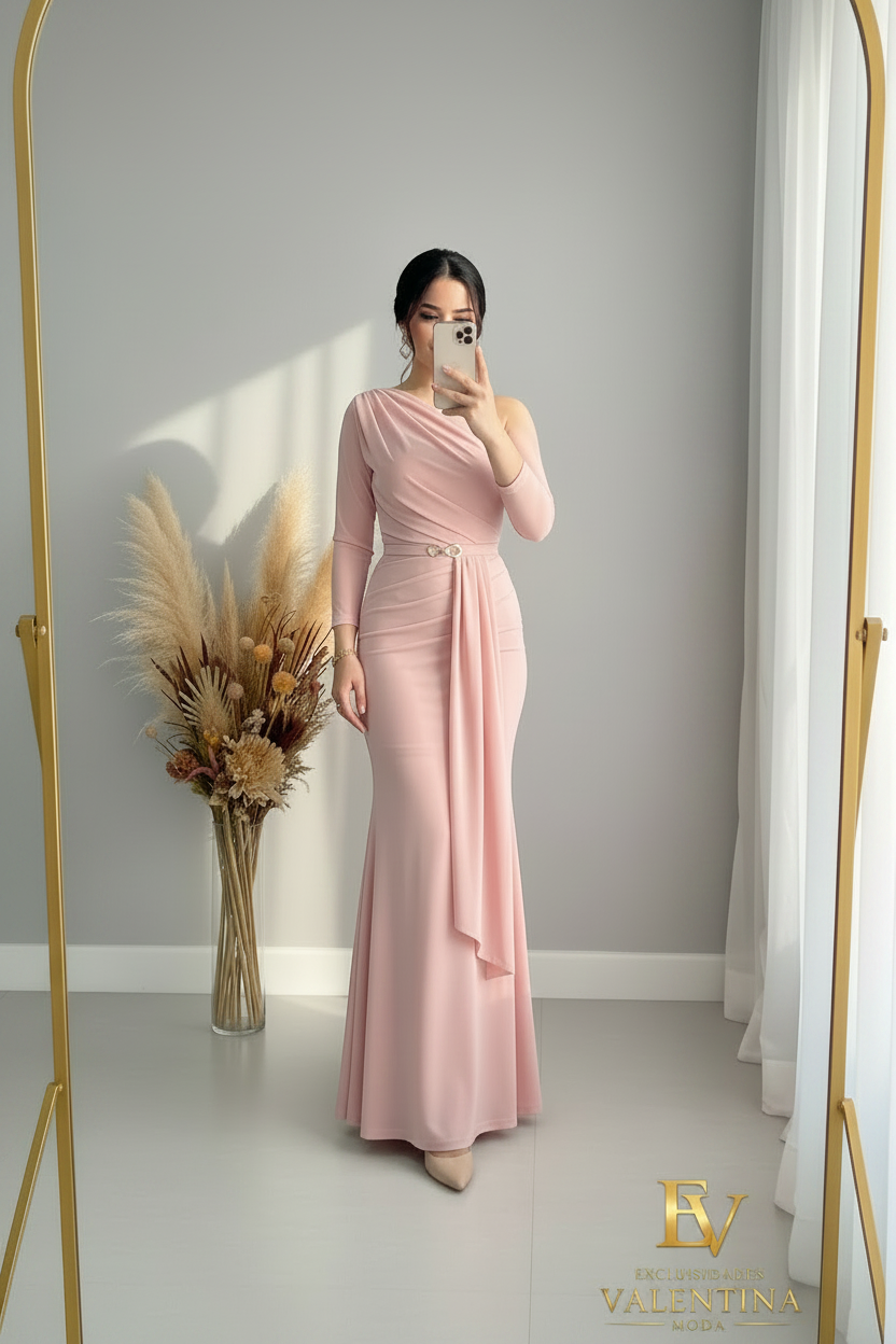 Vestido Sirena Rosa Blush Manga Larga Drapeado Asimétrico cod.V406