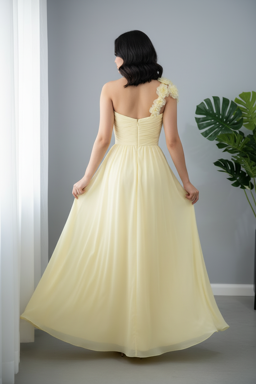 Vestido Amarillo Pastel Un Hombro con Flores 3D y Falda Chiffon Línea A cod.V611