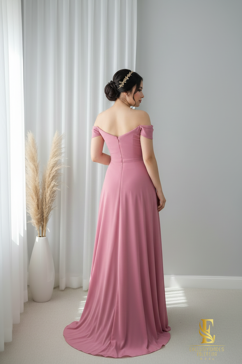 Vestido Rosa Antiguo Off-Shoulder con Broche de Perlas cod.0068