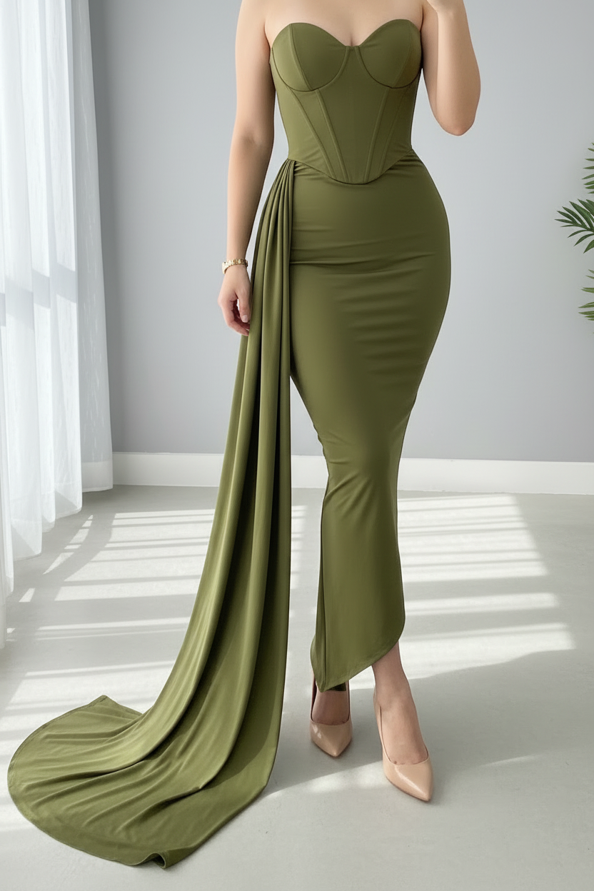Vestido Verde Oliva Strapless Corset Estructurado Sirena con Cola Lateral cod.763