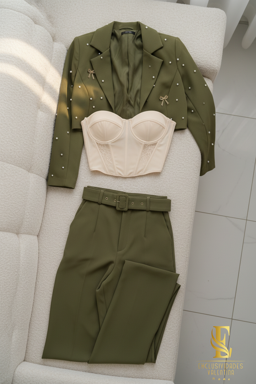 Conjunto Olive Pearl Bow Blazer & Palazzo cod.C224