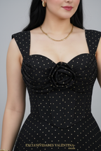 Vestido Maxi Negro con Puntos Dorados y Rosa D3 cod.V855