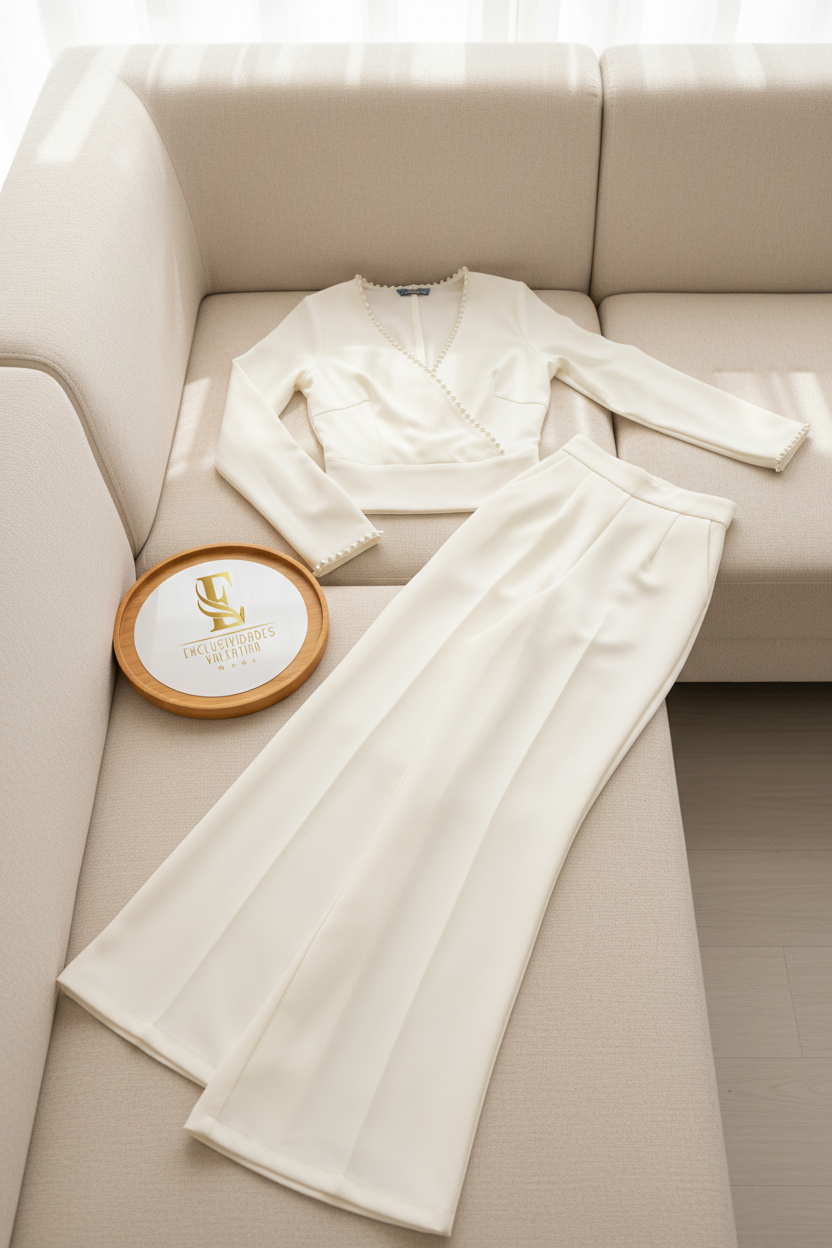 Conjunto Marfil — Top Cruzado con Perlas & Palazzo cod.0038