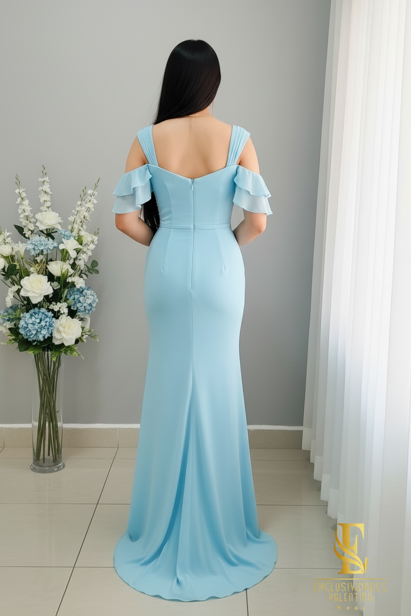 Vestido Sirena Azul Cielo | Cold-Shoulder con Volantes, Drapeado y Perlas cod.V515