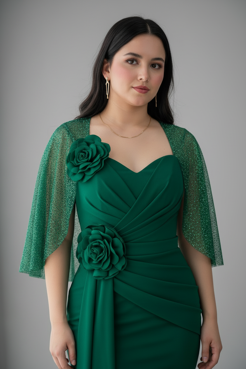 Vestido Verde Esmeralda Sirena con Bolero Tul y Rosas D cod.719