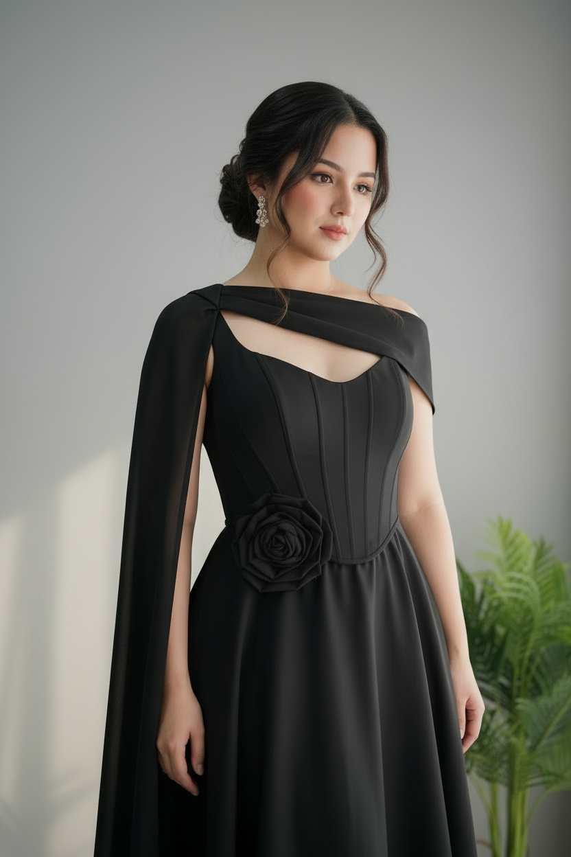 Vestido Negro Falda Amplia con Capa y Rosa D cod.716