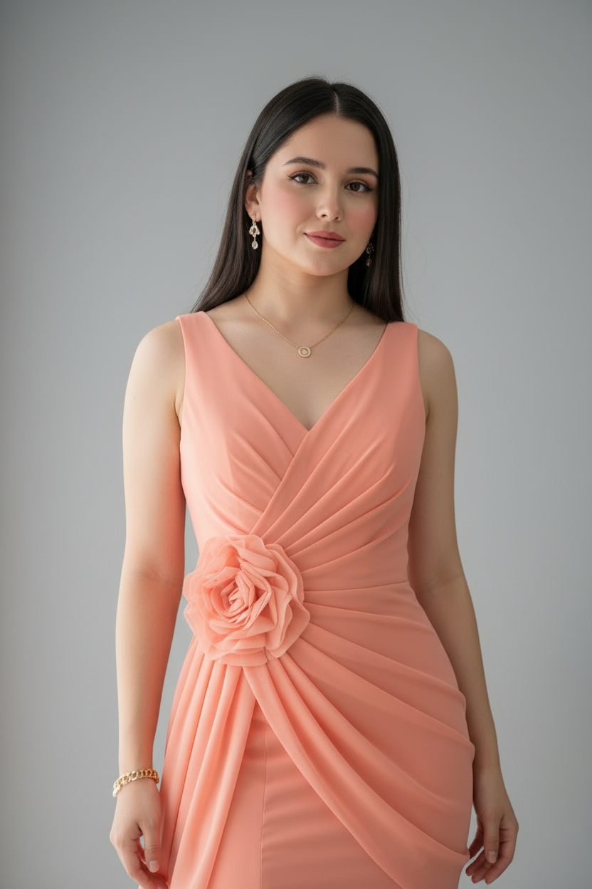 Vestido Coral Salmón Sin Mangas con Rosa 3D y Panel de Gasa cod.973
