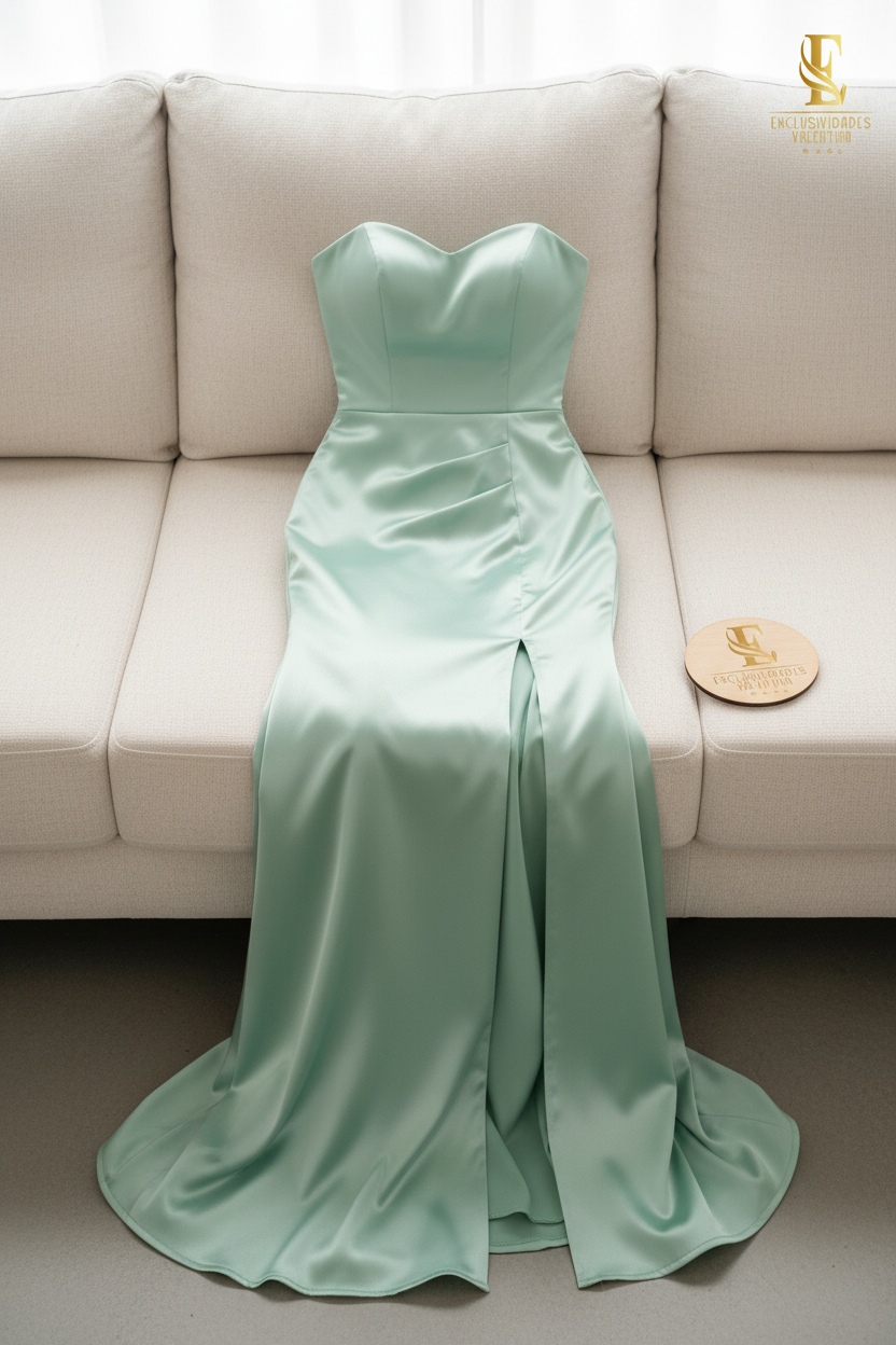 Vestido Verde Menta Satinado Strapless con Abertura cod.726