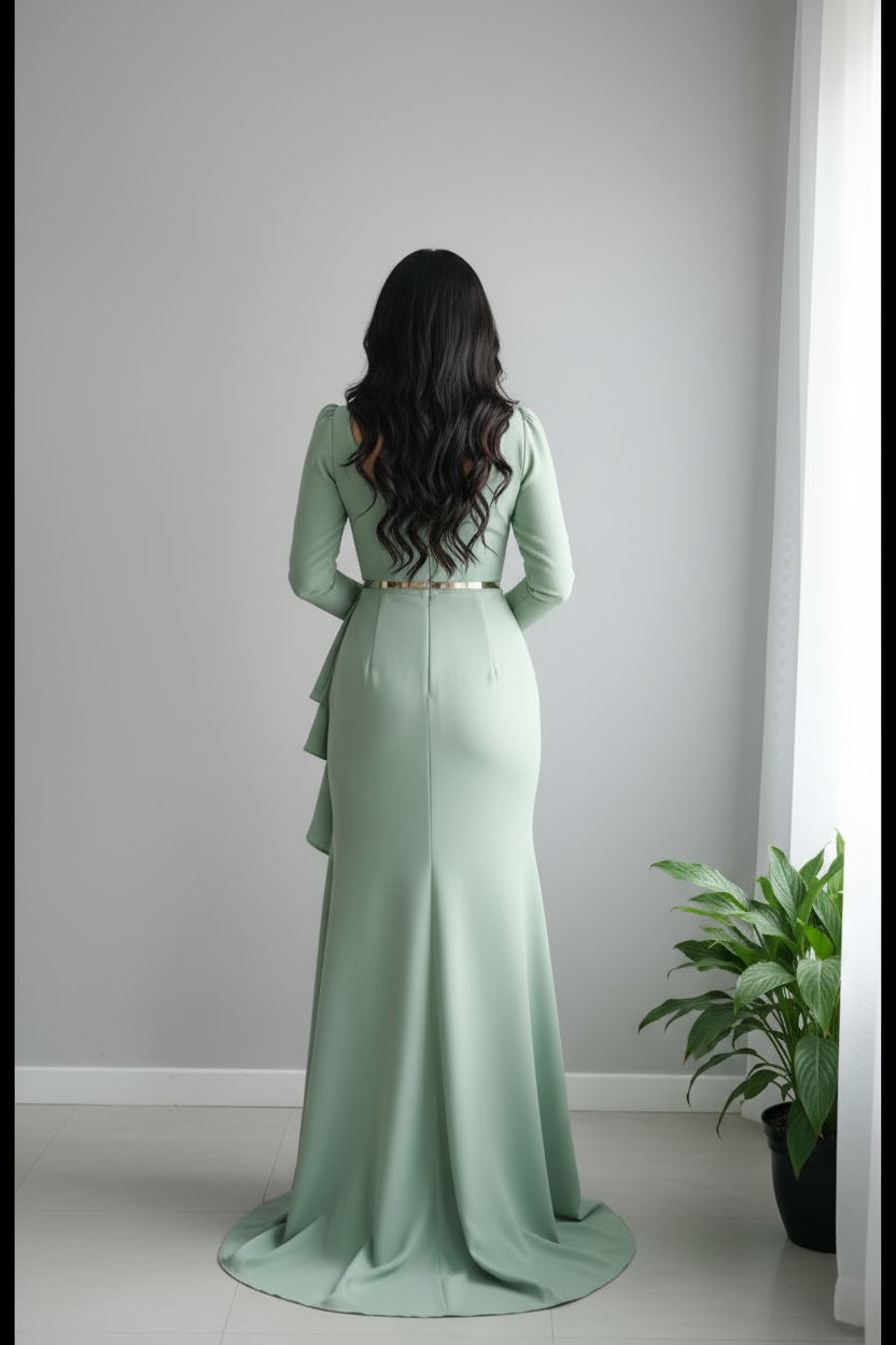 Vestido Sage Green Ruffle – Gown Verde Menta Manga Larga Escote V con Volantes en Cascada & Cinturón Plateado cod.693