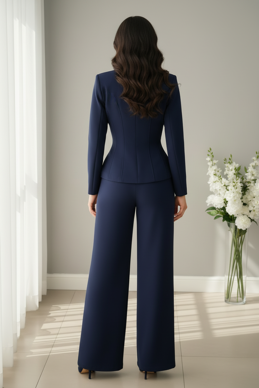 Conjunto Azul Marino Blazer Entallado Lazos Dorados y Pantalón Wide Leg — Elegante y Formal cod.0073