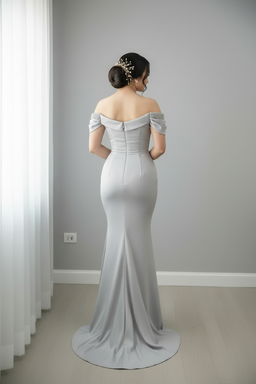Vestido Gris Plateado Off-Shoulder Perlas cod.0013