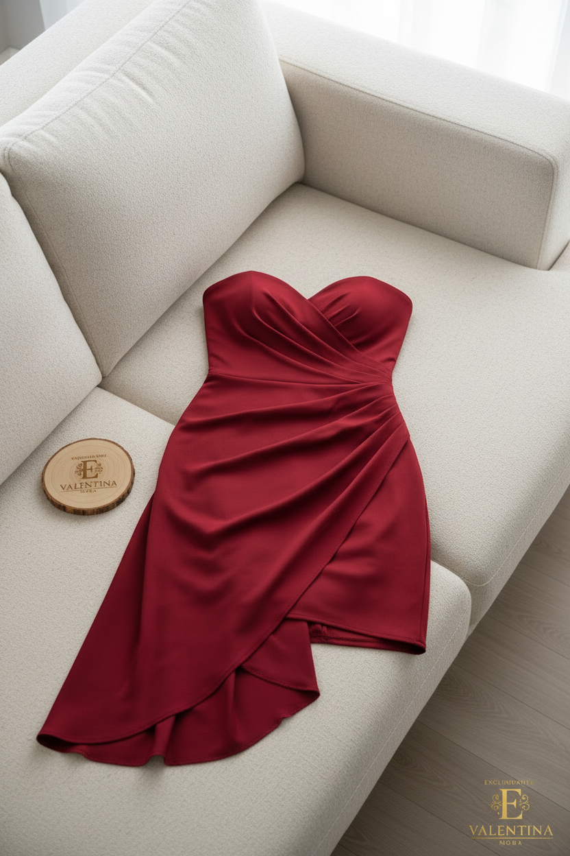 Vestido Rojo Vino Strapless Escote Corazón Drapeado Asimétrico cod.936