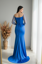 Vestido Azul Rey Off-Shoulder Manga Tul Rosa D cod.427