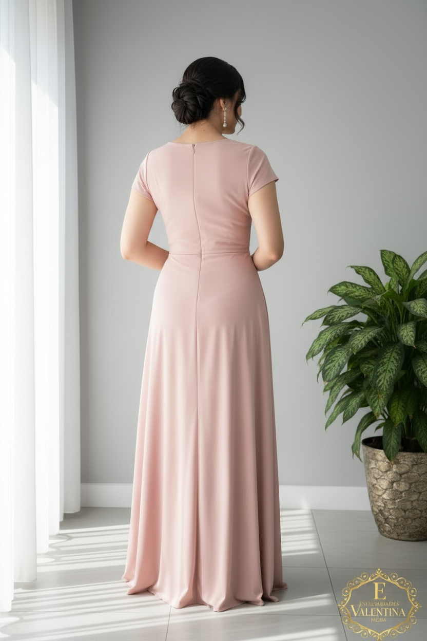 Vestido Rosa Palo Manga Corta Drapeado Cruzado Abertura cod.928