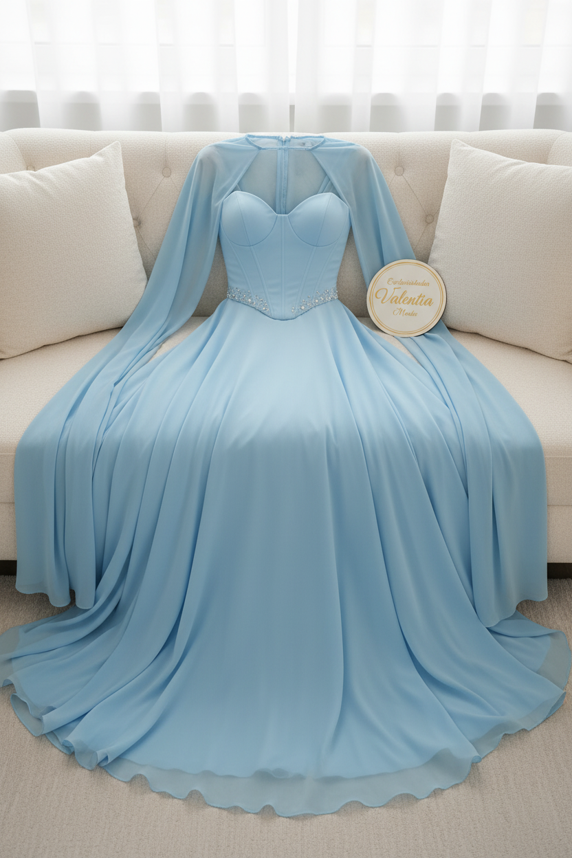 Vestido Gala Azul Cielo con Capa cod.00121