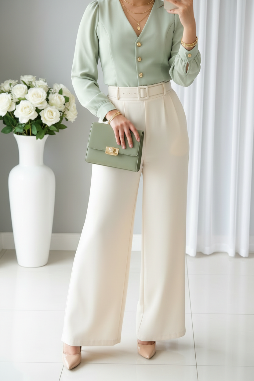 Pantalón Palazzo Crema con Cinturón cod.544